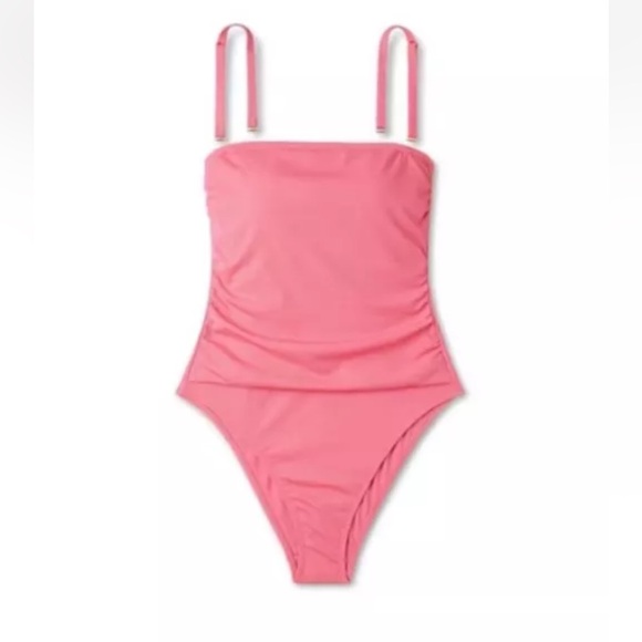 Women's Shirred Ribbed Bandeau One Piece Swimsuit, Shade & Shore, Pink, Sz Large - Picture 2 of 4